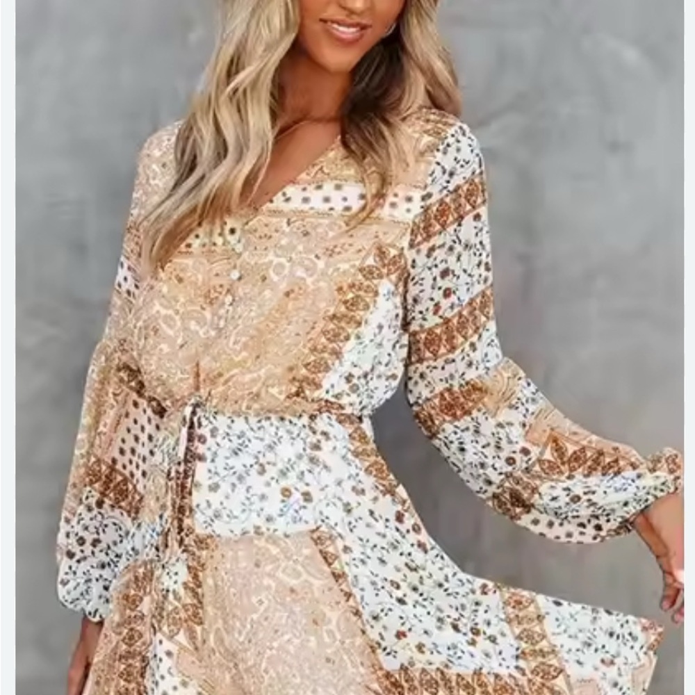 Fate Cream and Brown Long Sleeve V-Neck Sundress